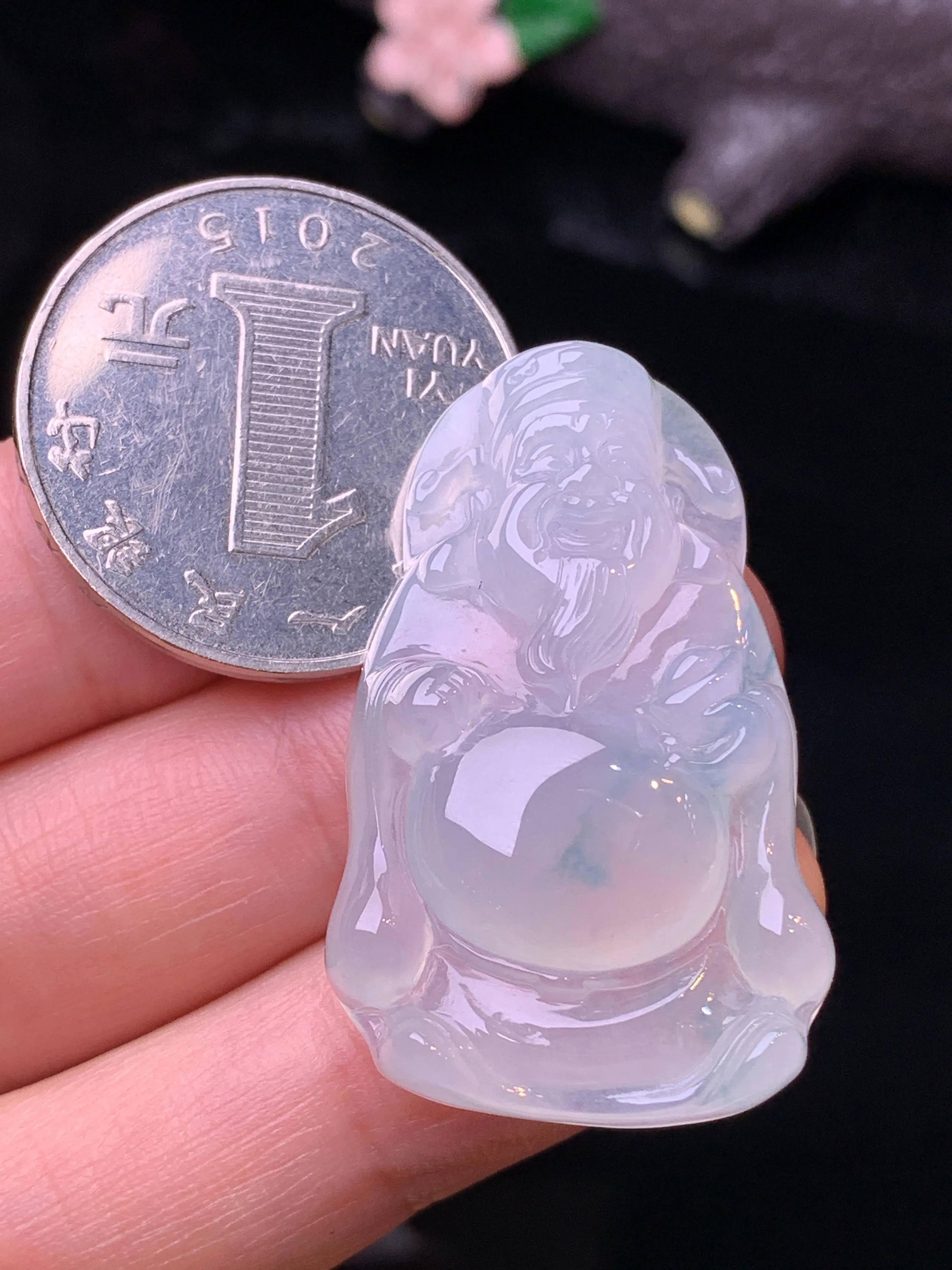 冰种财神吊坠 玉质细腻 水润亮眼 色泽艳丽 整体尺寸36*22.5*7