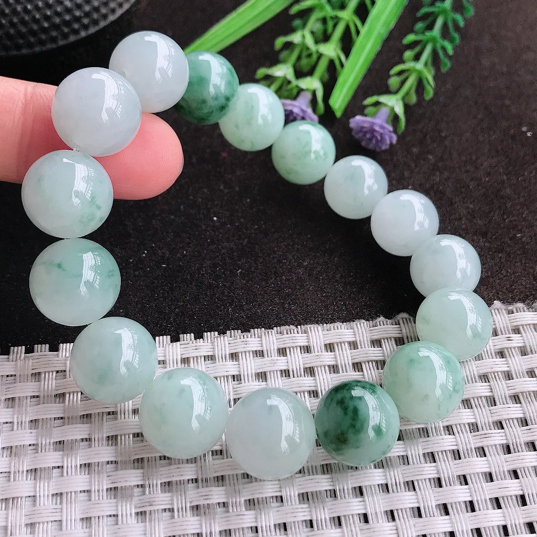 天然A货翡翠13.5/16颗老坑精美冰润飘花圆珠手链玉珠珠串
