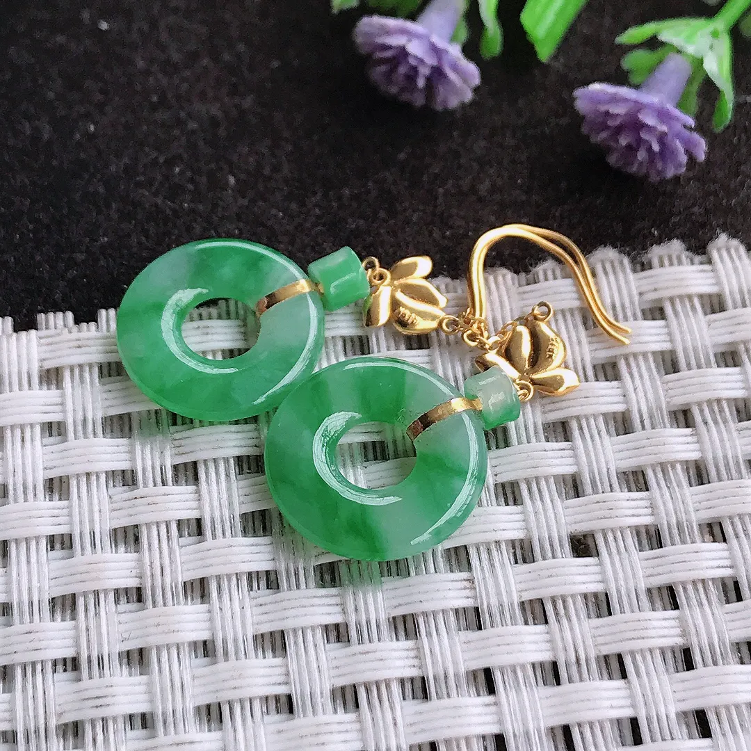 天然A货翡翠14/2.6老坑18k金镶嵌冰胶飘阳绿玉环平安扣耳坠