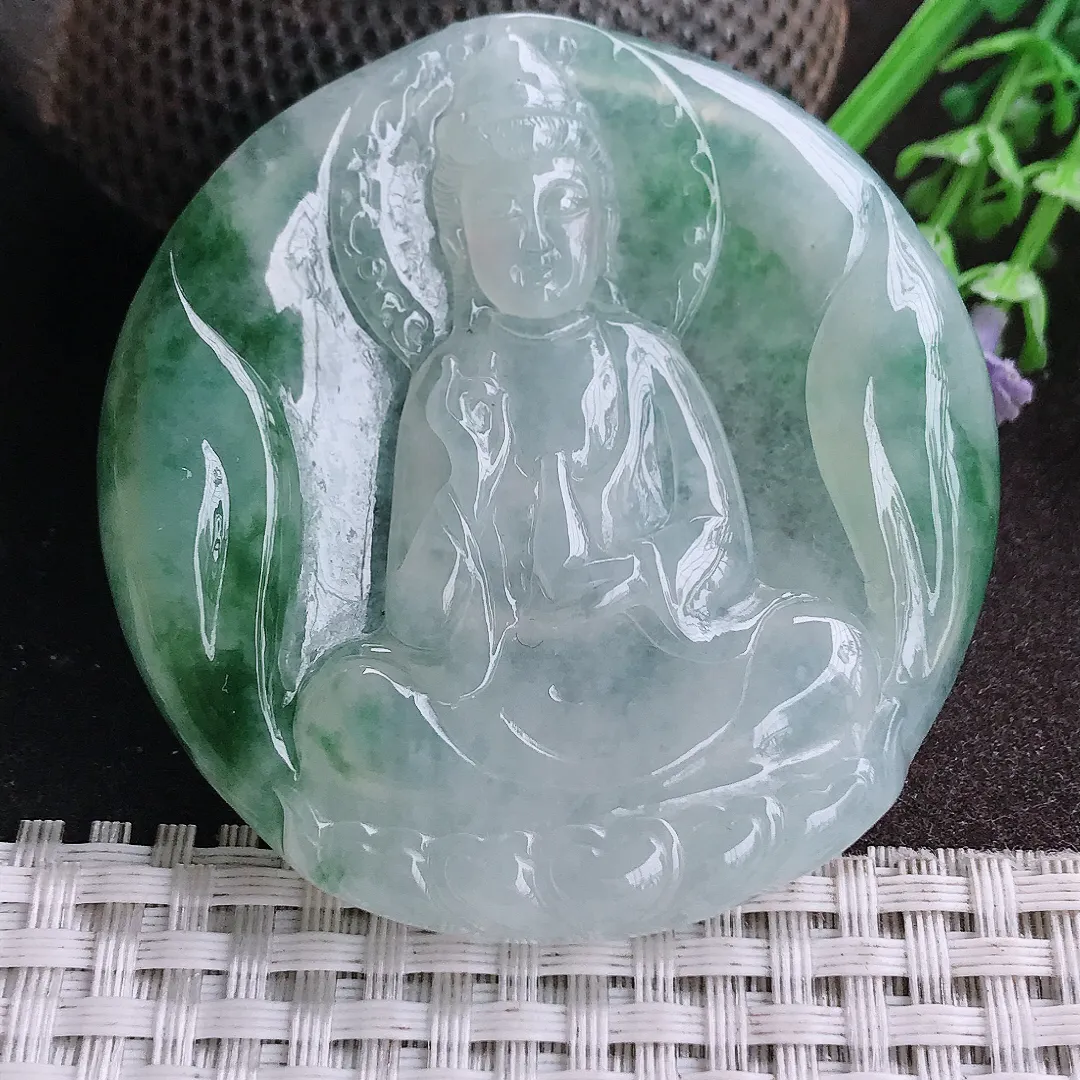 天然A货翡翠56.5/7.6老坑冰胶果冻飘花素衣观音吊坠翡翠挂件