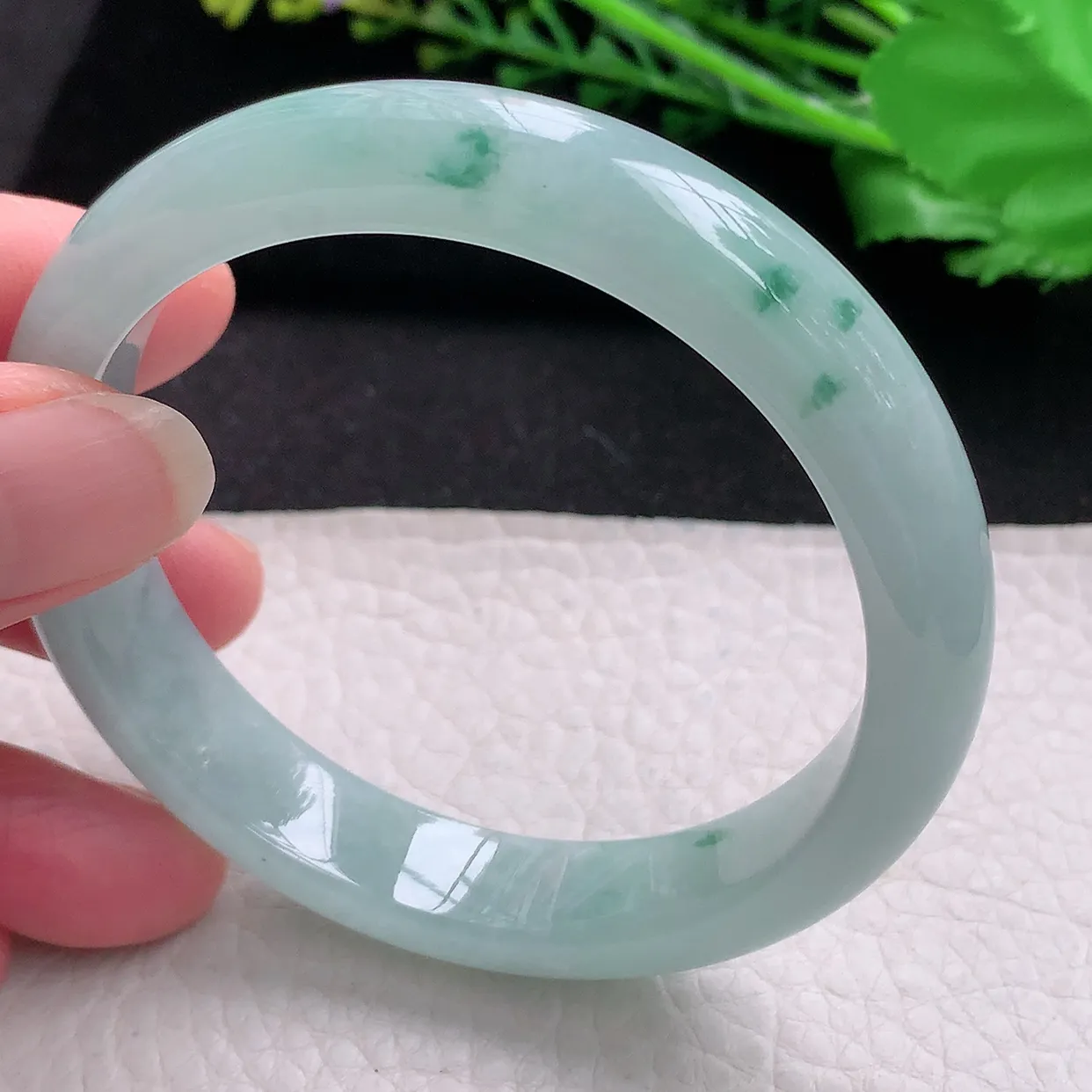 nr自然光57.5*12*7.5平安镯 翡翠a货玉手镯冰飘花秀气宽边玉手环