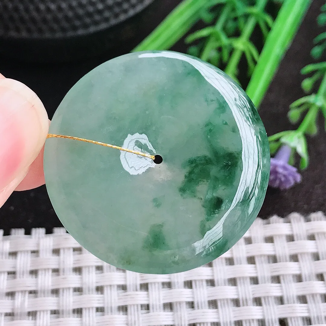 天然A货翡翠34/5.4老坑冰胶水灵飘花平安扣吊坠翡翠玉扣