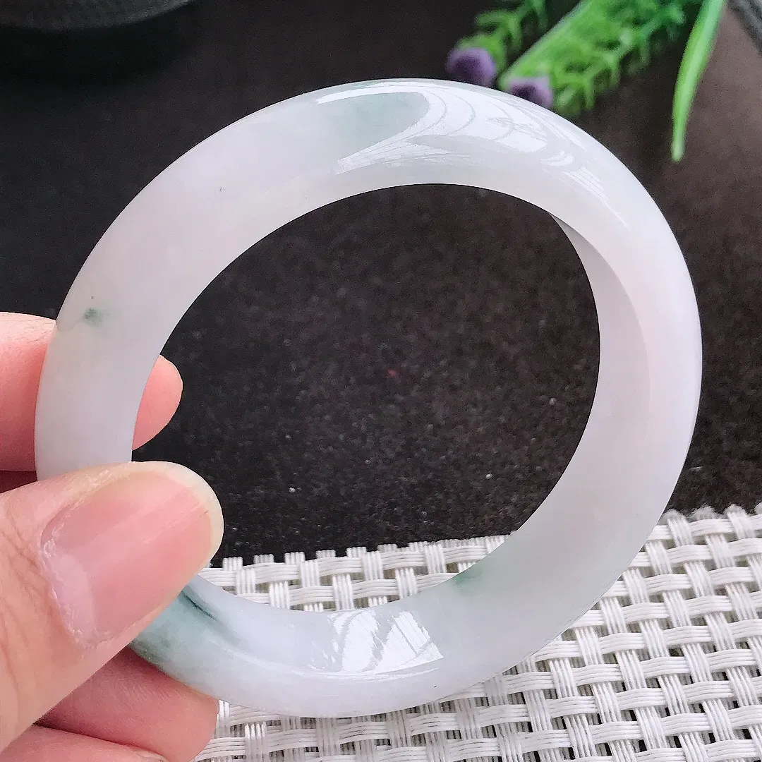 天然A货翡翠56.5/14/8.8老坑冰润起胶飘花手镯宽边玉镯