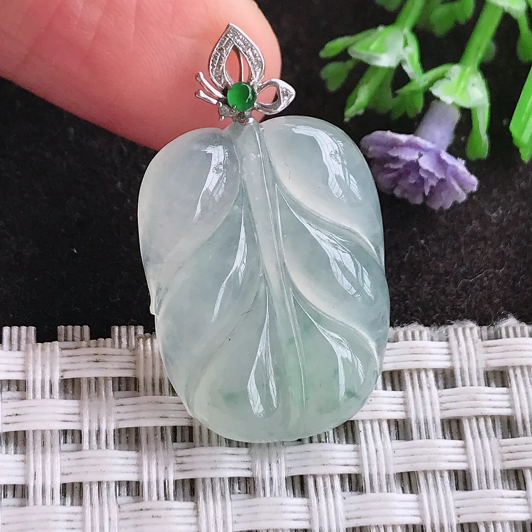 天然A货翡翠24.3/18.7/5.6老坑18k金镶嵌冰胶果冻冰晴叶子吊坠翡翠挂件