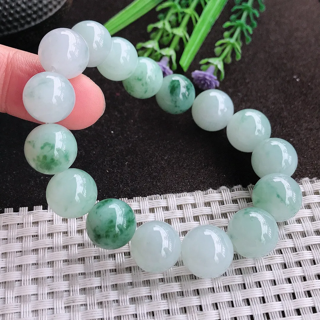 天然A货翡翠13.5/16颗老坑精美冰润飘花圆珠手链玉珠珠串