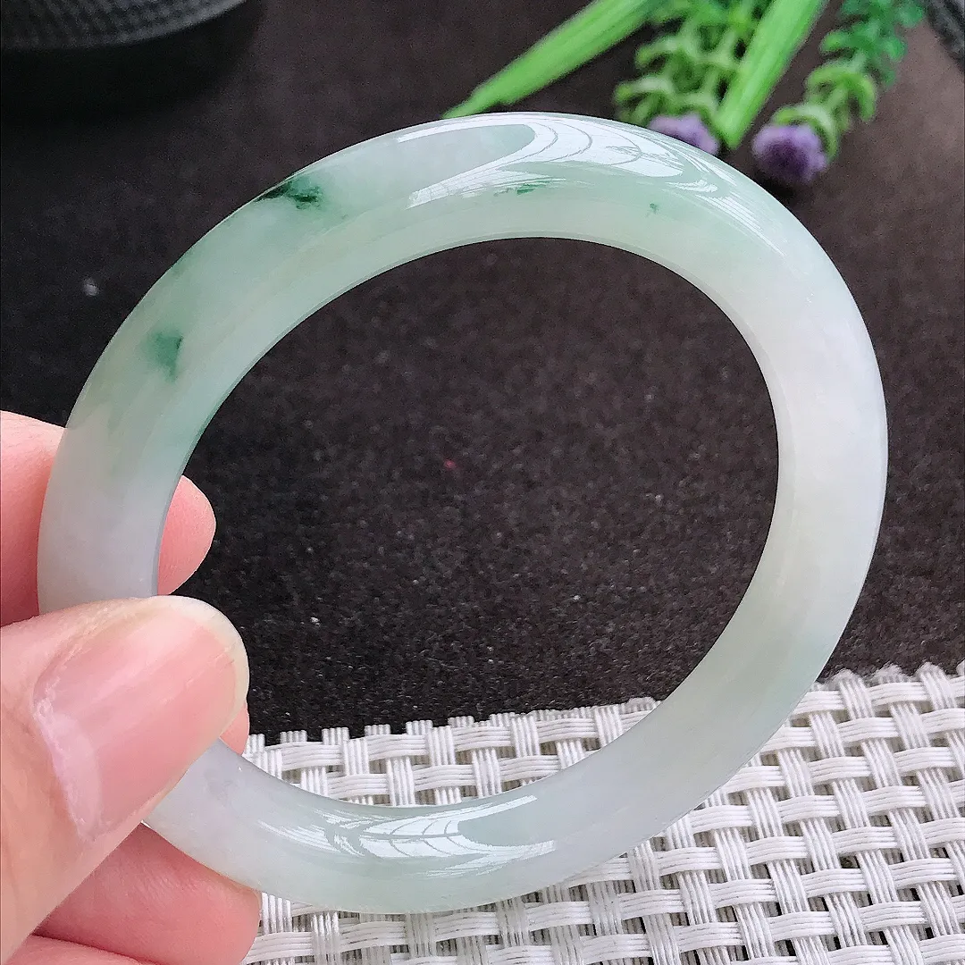 天然A货翡翠53.5/9.1老坑冰胶果冻飘花圆条手镯玉镯