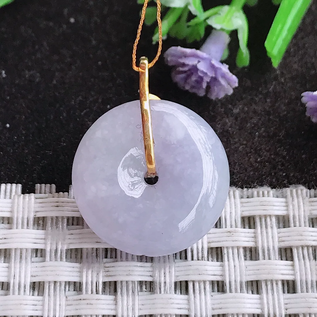 天然A货翡翠18.4/5.8老坑18k金镶嵌冰润紫罗兰小平安扣吊坠翡翠挂件