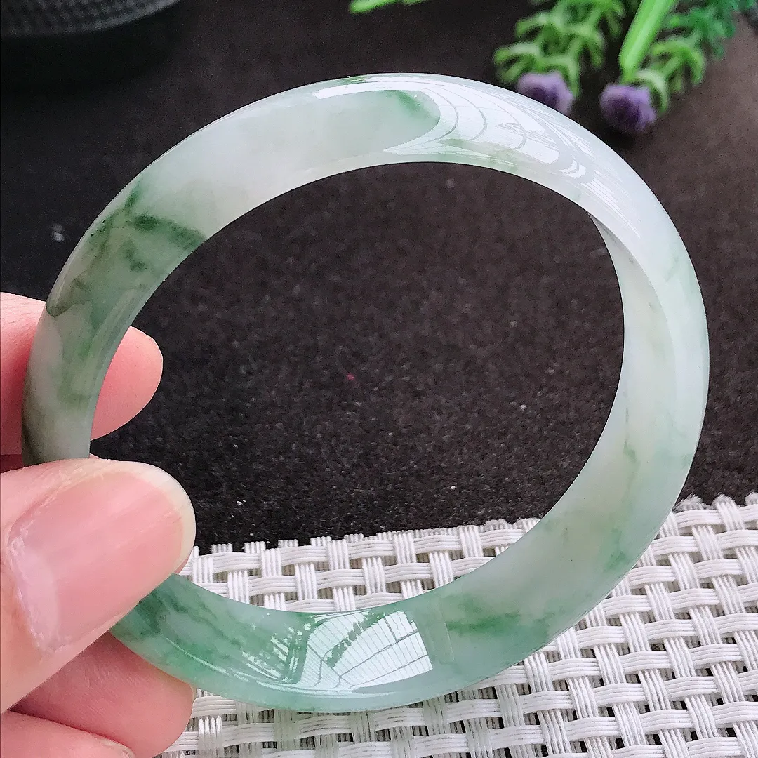 天然A货翡翠58.5/14.8/6.5老坑冰胶果冻冰飘花手镯宽边玉镯