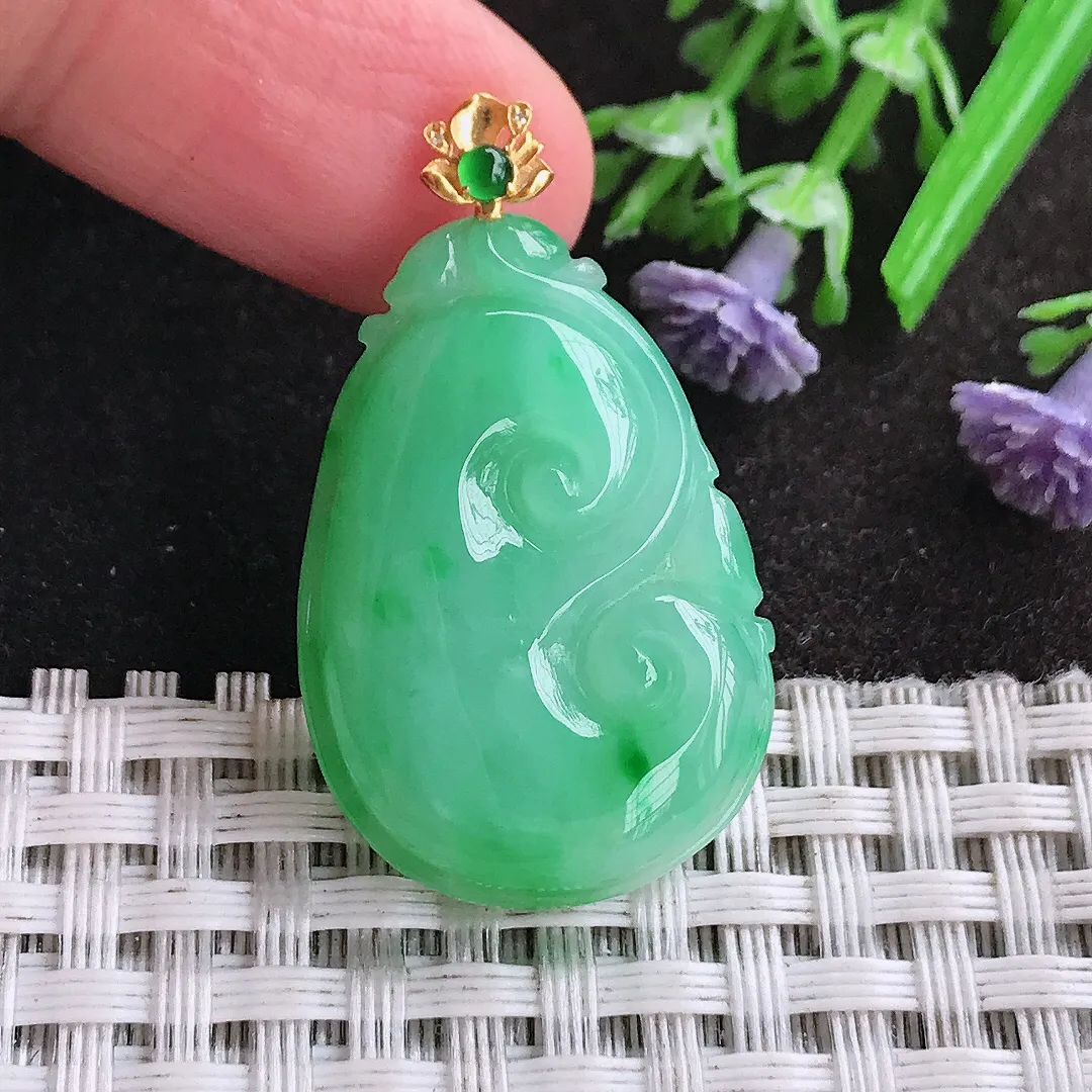 天然A货翡翠30/21/5.7老坑18k金镶嵌冰润起胶满绿阳绿如意吊坠翡翠挂件