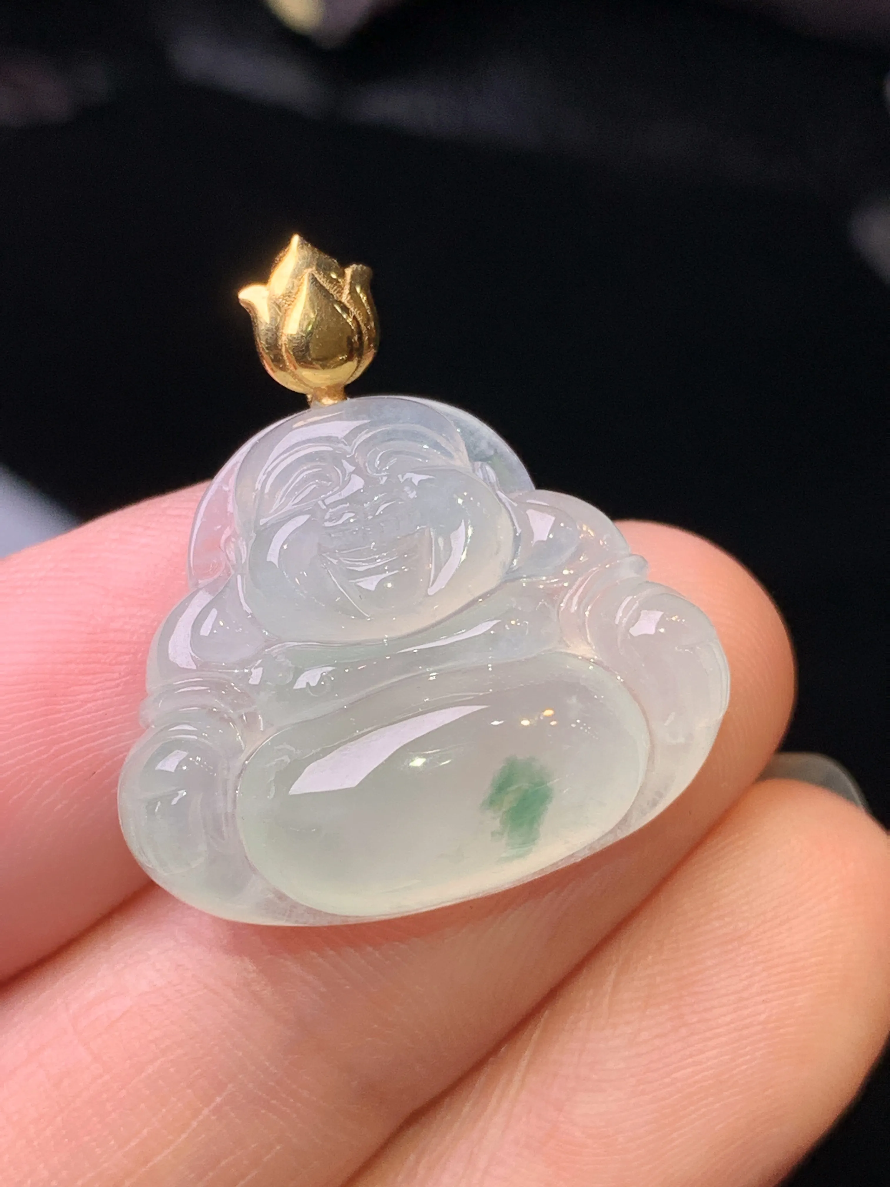 18k金镶嵌冰种佛公吊坠 玉质细腻 水润亮眼 色泽艳丽 整体尺寸25*23*6.8