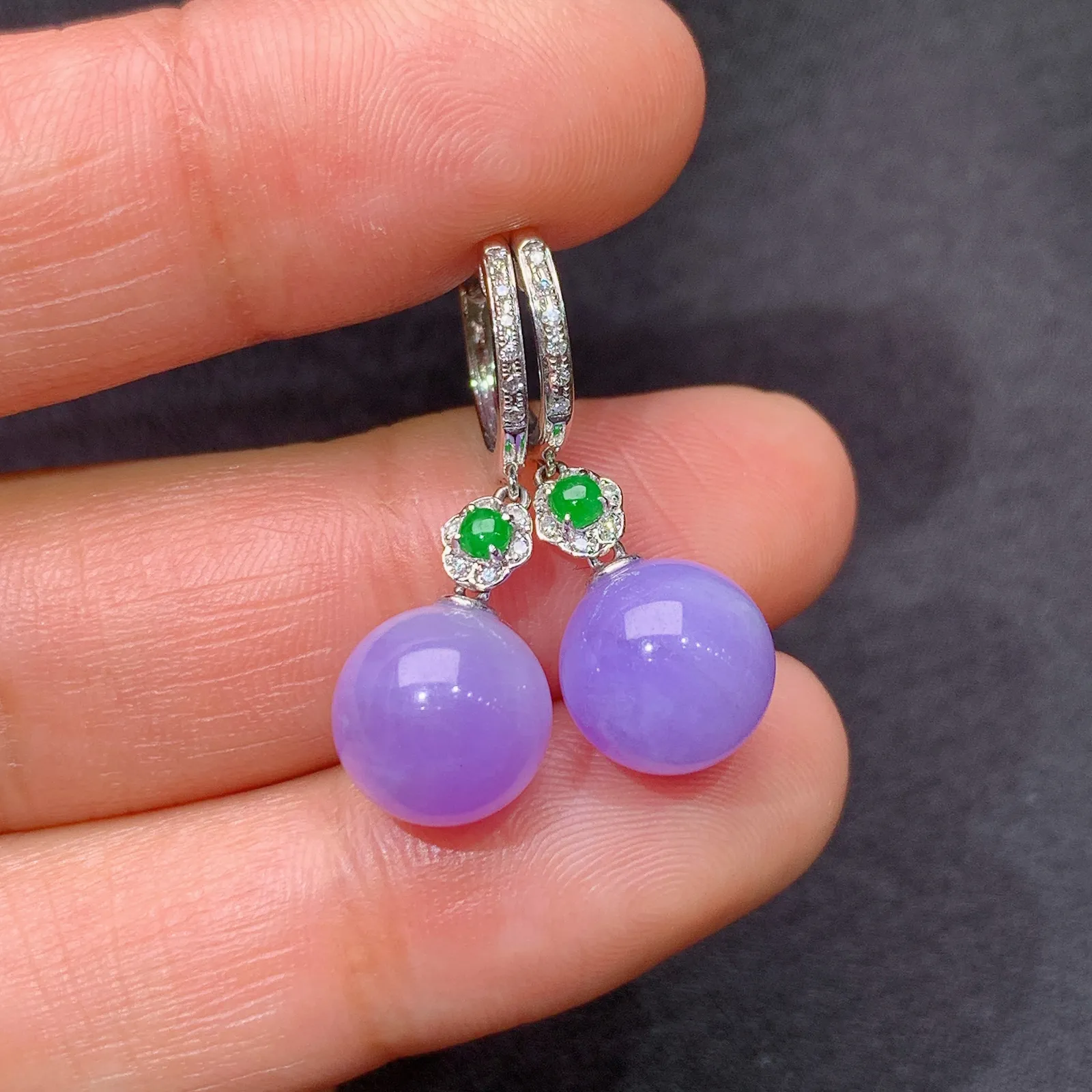 紫罗兰圆珠耳坠，简约时尚，18k金镶嵌，冰润鲜艳，种水足，Xyg 直径9