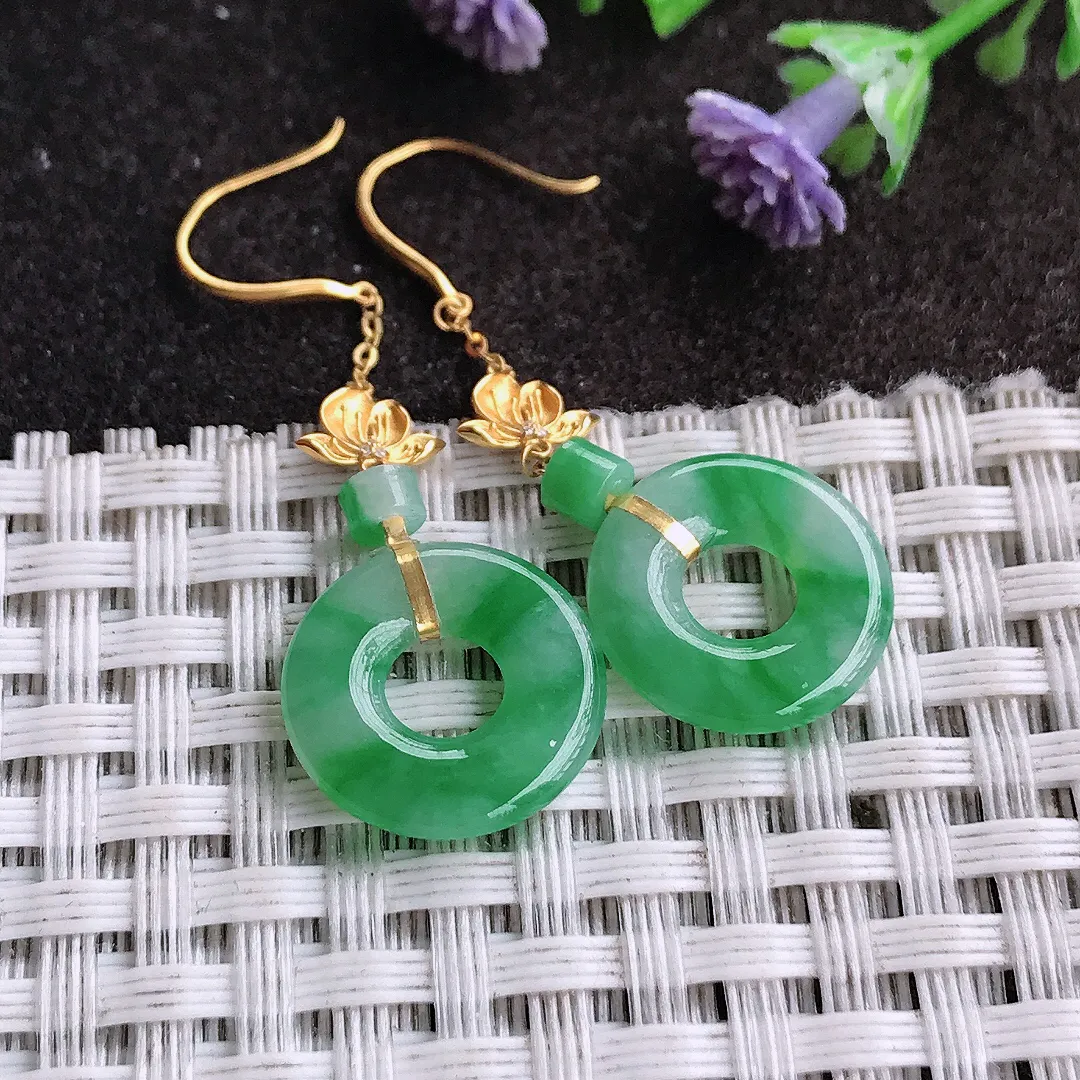 天然A货翡翠14/2.6老坑18k金镶嵌冰胶飘阳绿玉环平安扣耳坠