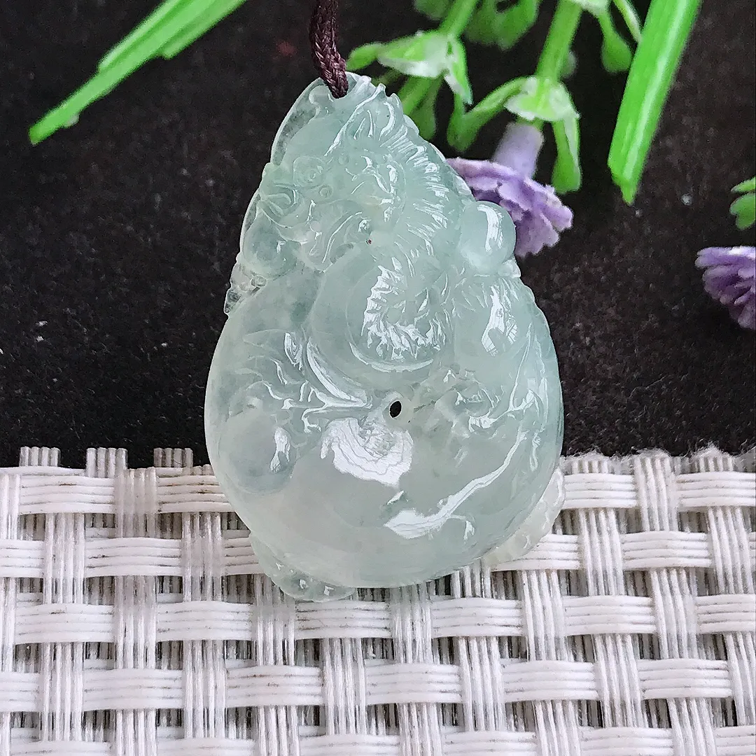 天然A货翡翠31.3/22.5/6.5老坑冰透果冻胶冰飘花龙牌吊坠翡翠龙行天下挂件