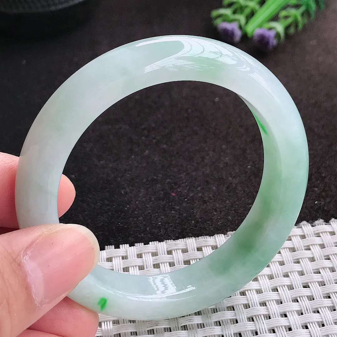 天然A货翡翠52.8/12.4/8.6老坑冰润起胶飘绿手镯宽边玉镯