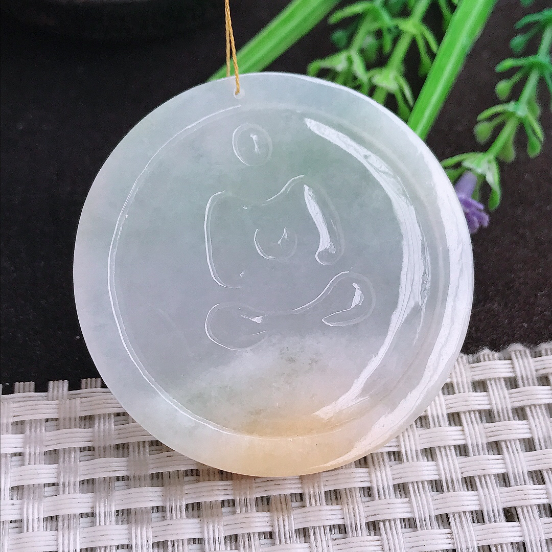 天然A货翡翠47.6/8.6老坑冰润起胶特色双彩飘黄翡阿弥陀佛吊坠翡翠挂件