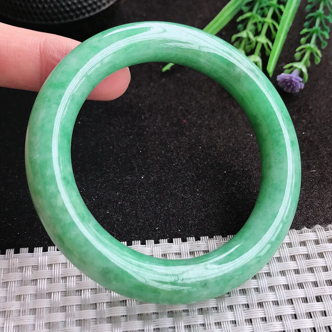 天然A货翡翠56.8/11.6老坑温润满绿胖圆条手镯玉镯