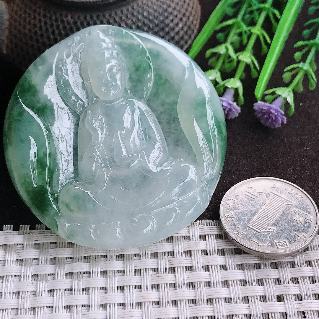 天然A货翡翠56.5/7.6老坑冰胶果冻飘花素衣观音吊坠翡翠挂件