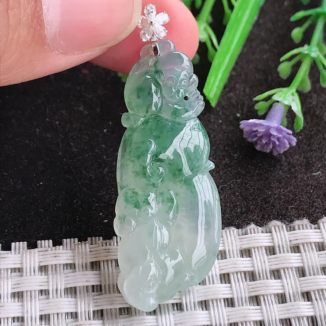 天然A货翡翠42/17.2/6.3老坑18k金镶嵌冰胶果冻飘花如意吊坠翡翠挂件
