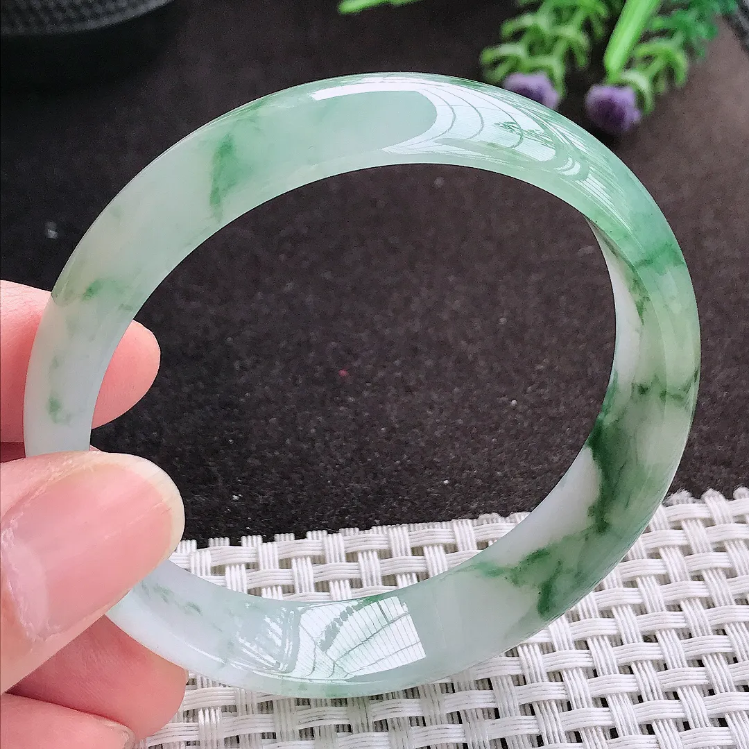 天然A货翡翠58.5/14.8/6.5老坑冰胶果冻冰飘花手镯宽边玉镯