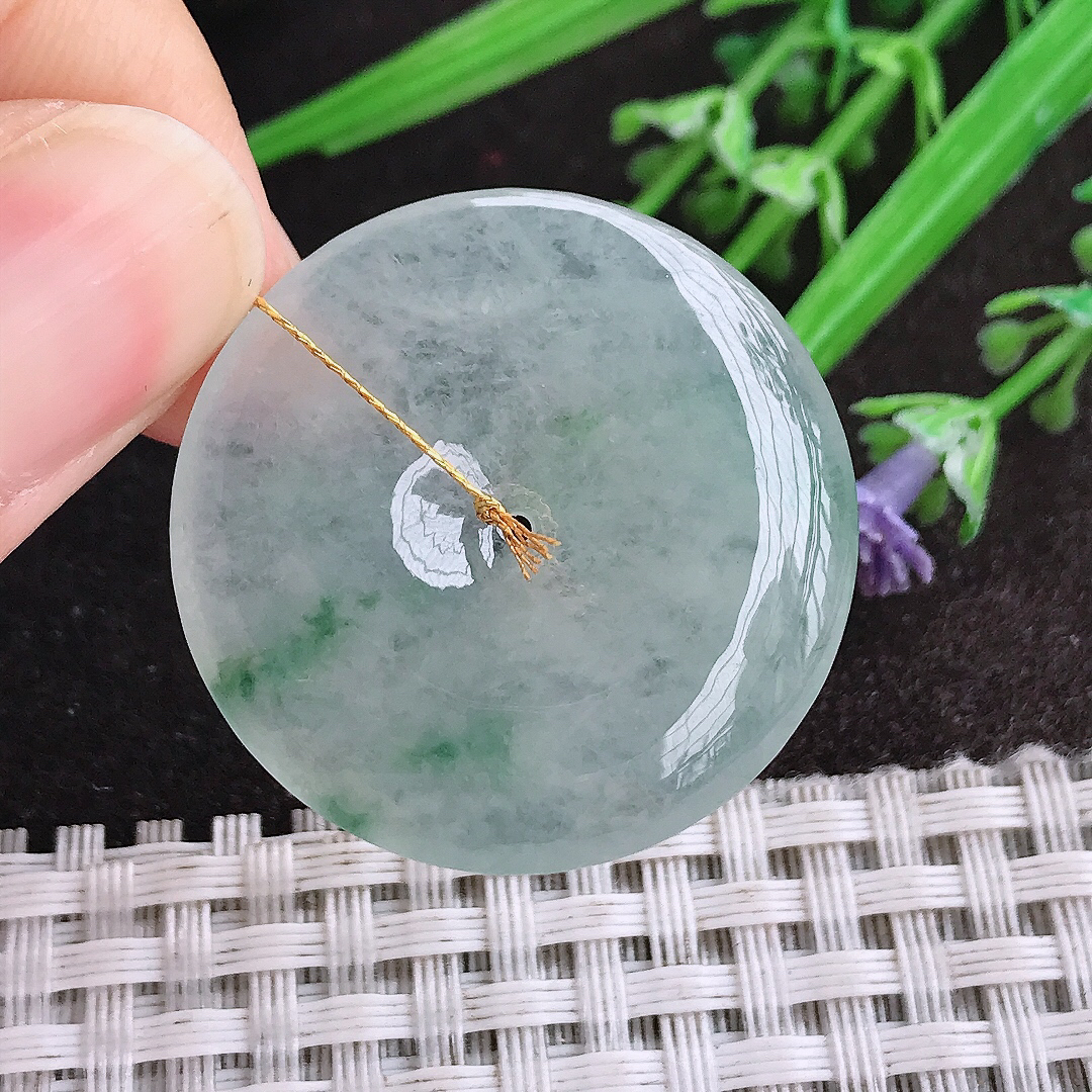 天然A货翡翠31.7/5.3老坑冰透果冻胶冰飘花平安扣吊坠翡翠玉扣挂件