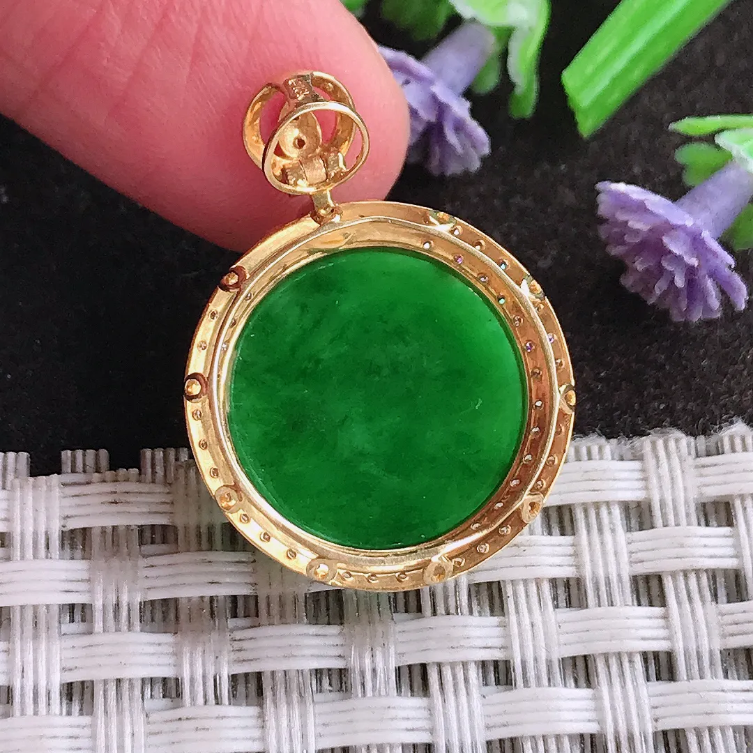 天然A货翡翠26/19.3/7.9老坑18k金镶嵌精美满绿辣绿无事牌吊坠翡翠挂件