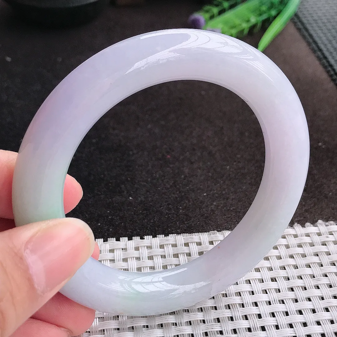 天然A货翡翠57.5/11.5/12老坑秀气冰润浅紫罗兰圆条手镯玉镯