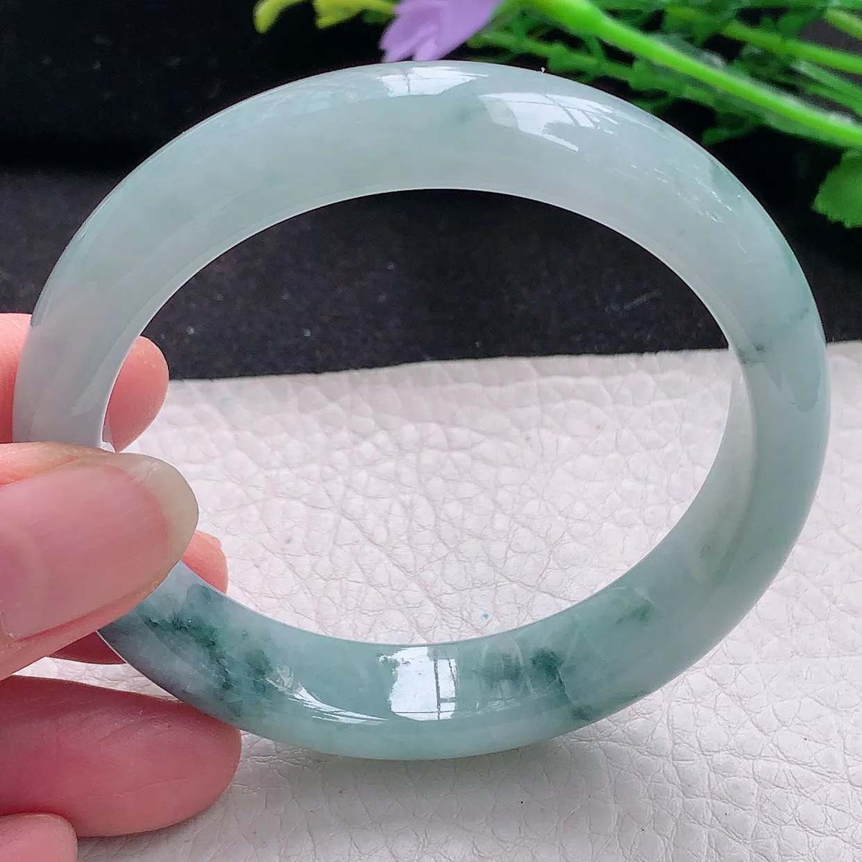 xx自然光56*12.8*7.8平安镯 翡翠a货玉手镯冰飘花宽边珠宝玉手环