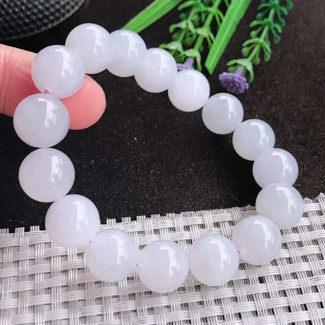 天然A货翡翠12.6/16颗老坑冰润水灵月光白玉珠手链圆珠手串