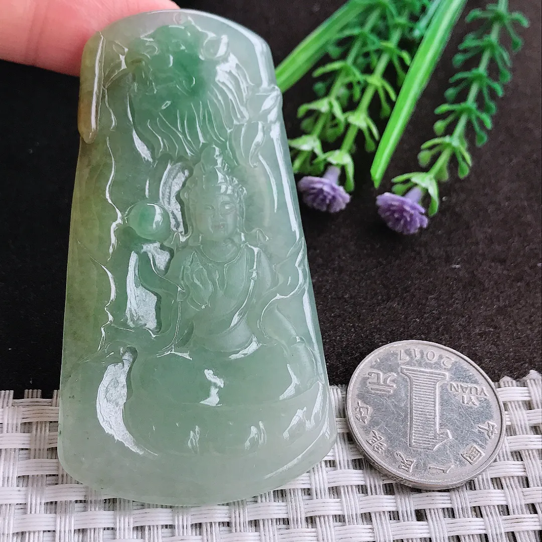 天然A货翡翠75/41/5老坑冰润起胶冰晴绿文殊菩萨吊坠翡翠挂件