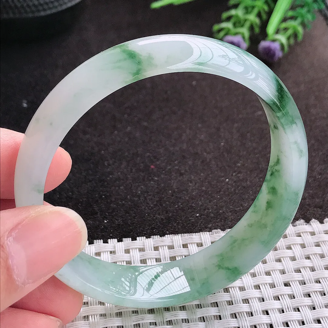 天然A货翡翠58.5/14.8/6.5老坑冰胶果冻冰飘花手镯宽边玉镯