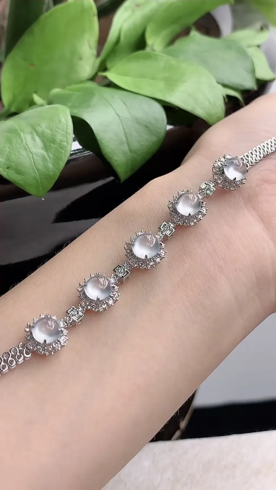 a货翡翠高冰种18K金伴钻镶嵌白月光蛋面手链 尺寸7×6.3×8mm 重量9.60g 1210