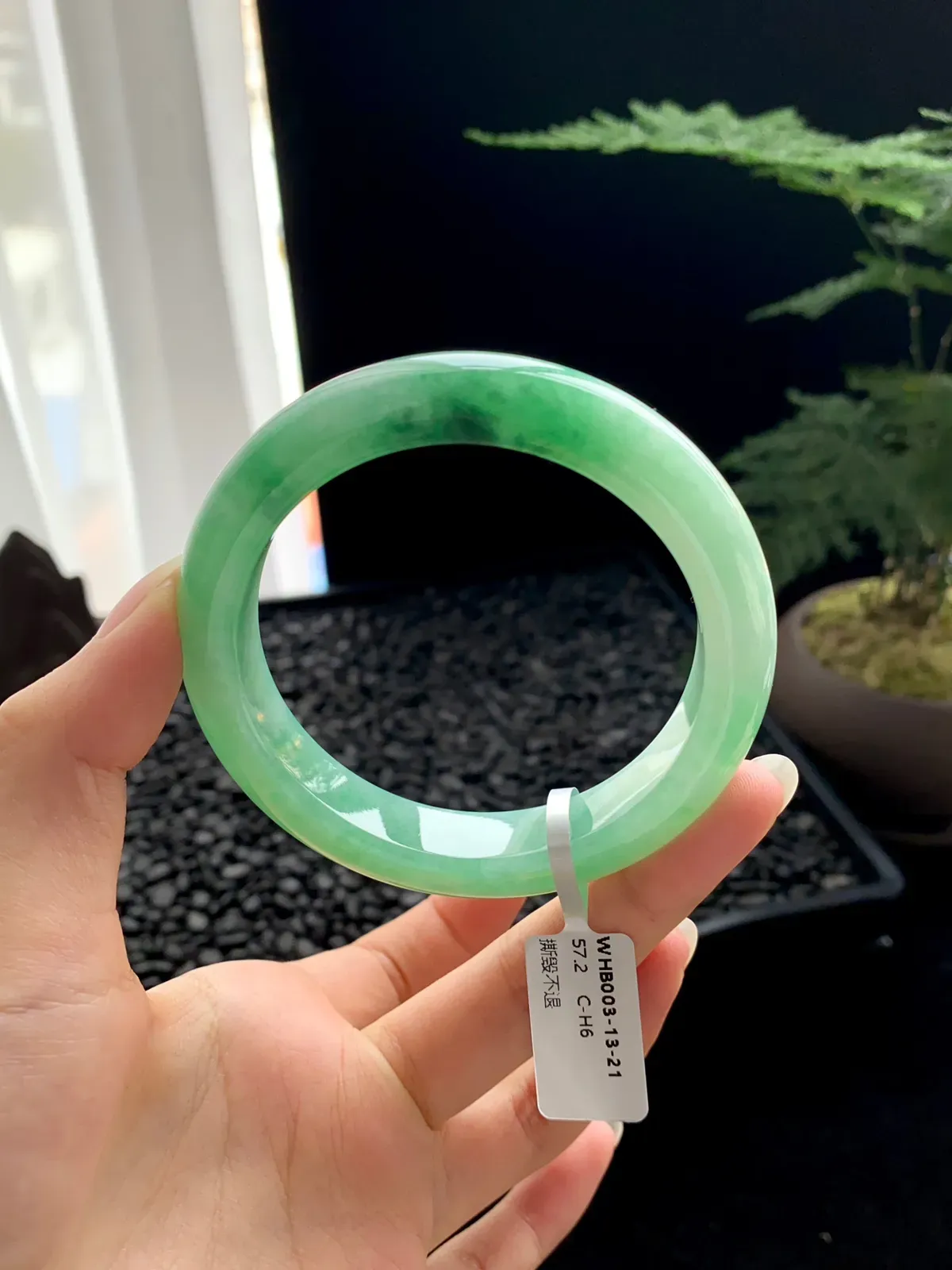 【满绿】
尺寸：57.2*12.3*9.2
编号：WHB003-13-21
纯净的底色似山间的晨雾，轻柔缥缈，那一抹翠绿如林间跳跃的精灵