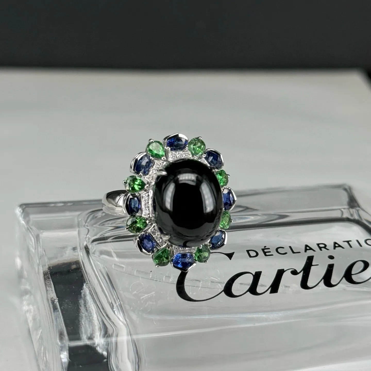 精品豪镶墨翠蛋面大女戒 种好色正 黑度极好 打灯通透 油性十足