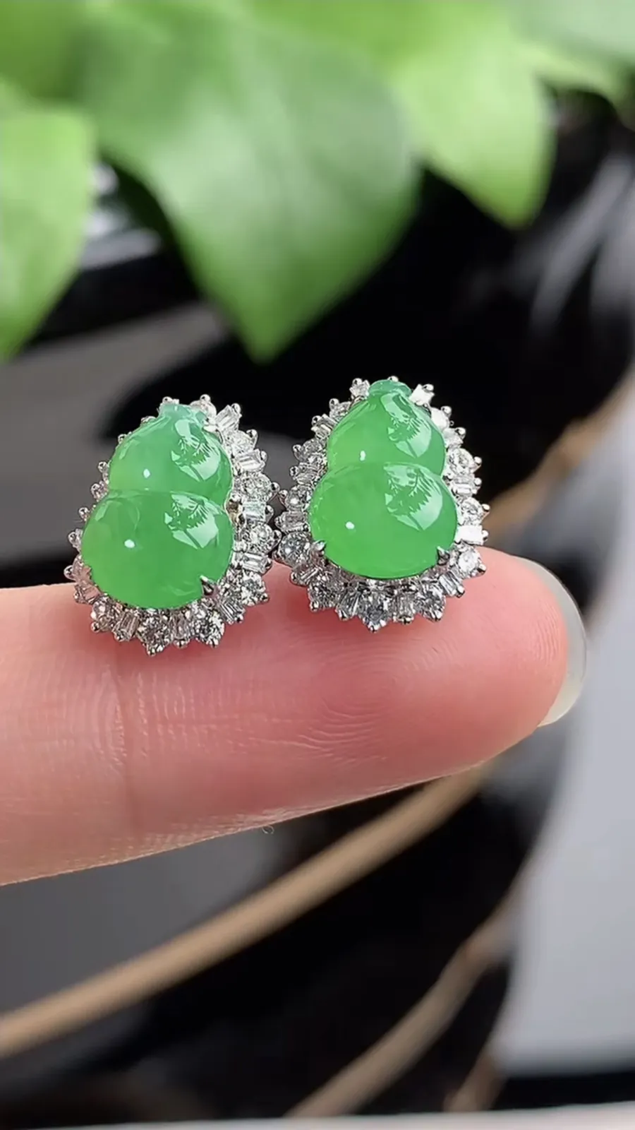 a货翡翠冰种18K金伴钻镶嵌满绿葫芦耳钉 尺寸9.3×6.7mm 重量2.45g 1212