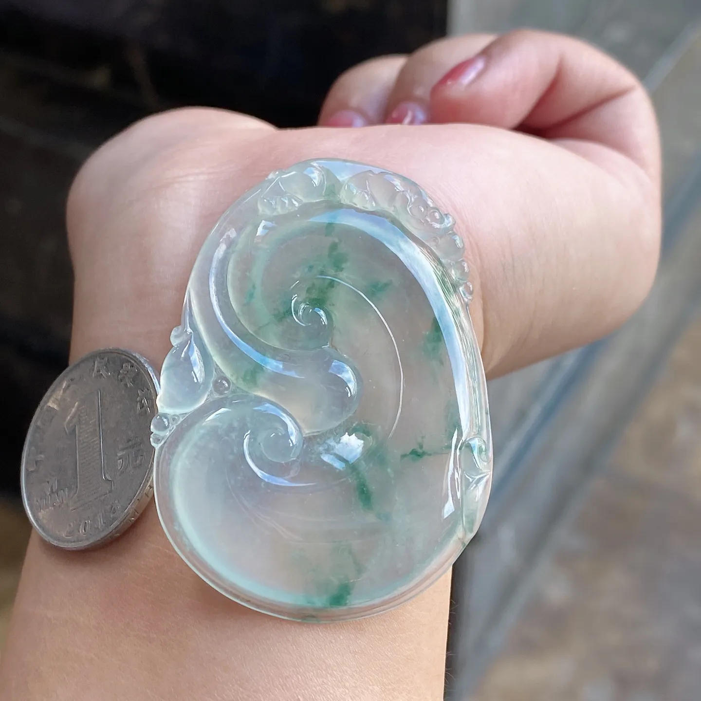 冰种飘花事事如意吊坠 尺寸53.7-37-5.5毫米