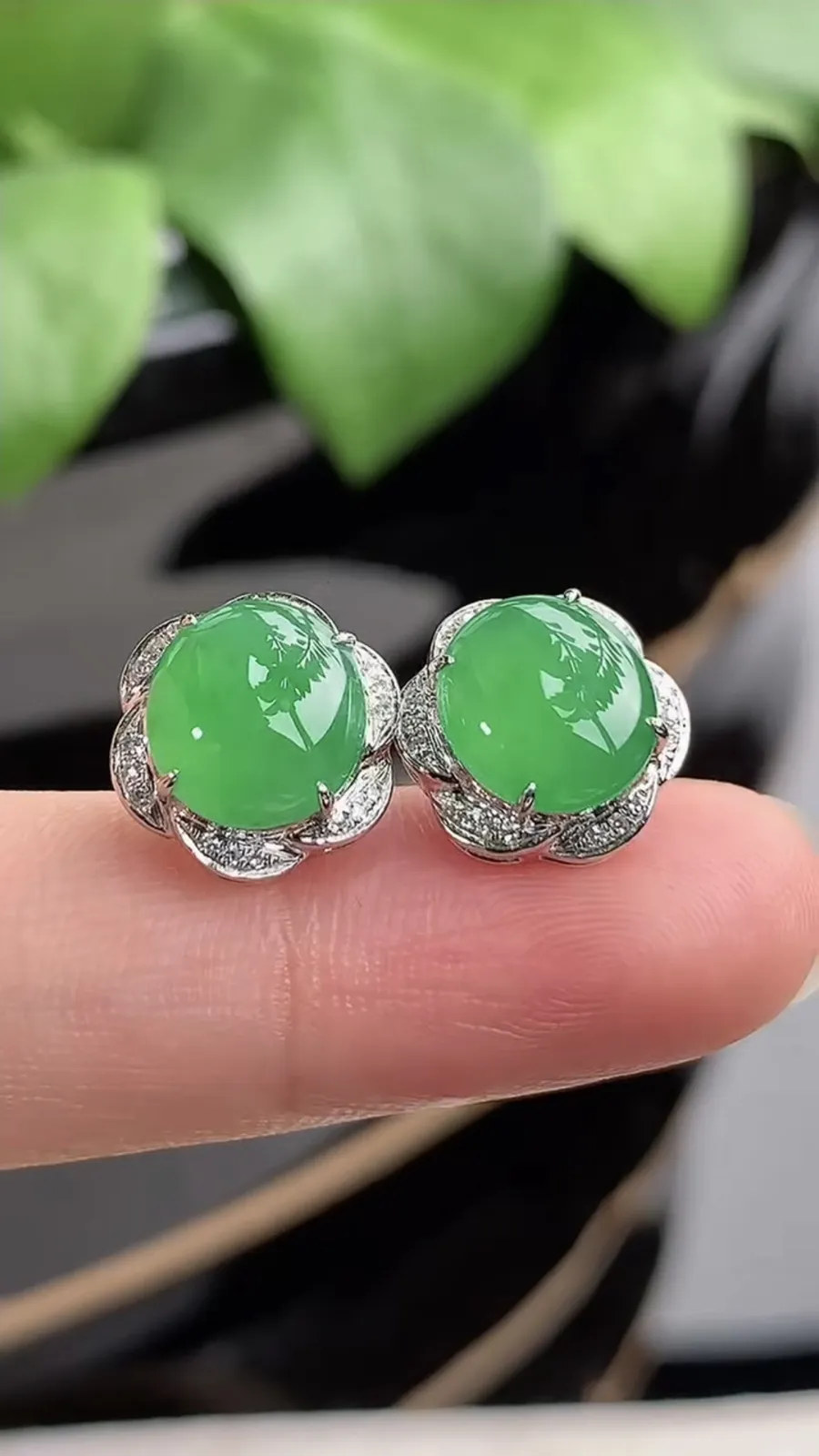 a货翡翠冰种18K金伴钻镶嵌满绿蛋面耳钉 尺寸8.4×7.7mm 重量3.13g 1212