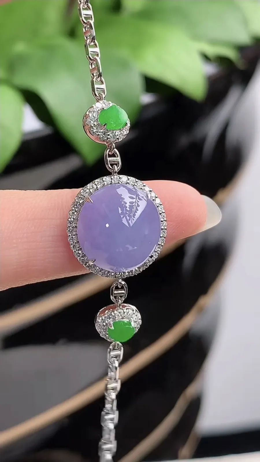 a货翡翠冰种18K金伴钻镶嵌紫罗兰蛋面手链 尺寸11.4×11×6.8mm 重量3.58g 1213