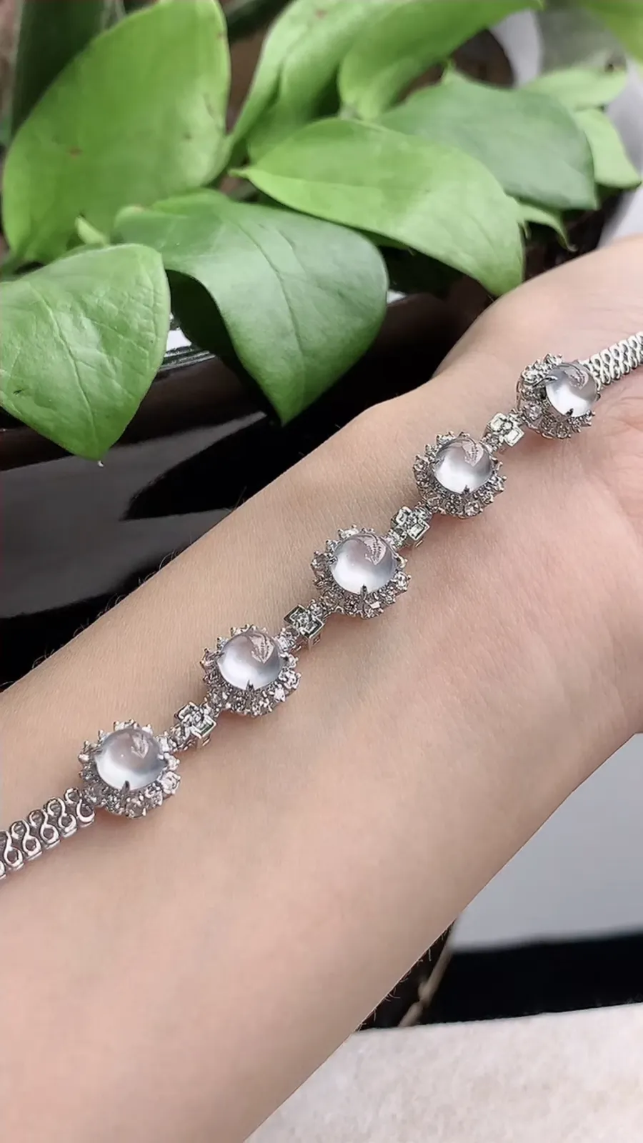 a货翡翠高冰种18K金伴钻镶嵌白月光蛋面手链 尺寸7×6.3×8mm 重量9.60g 1210