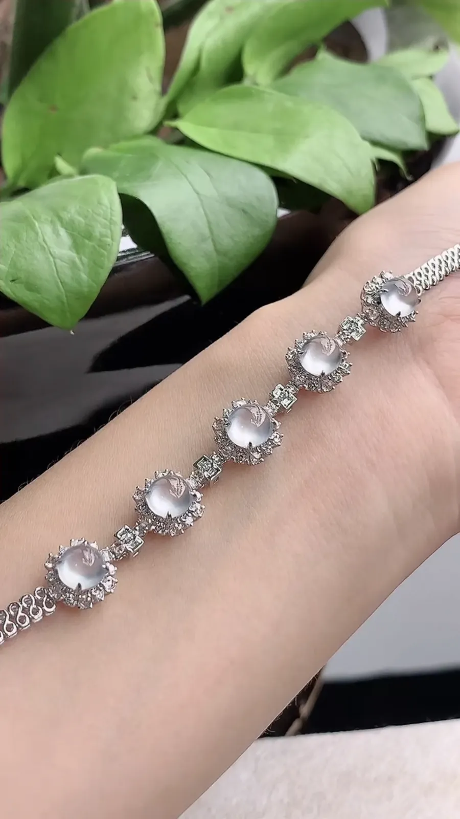 a货翡翠高冰种18K金伴钻镶嵌白月光蛋面手链 尺寸7×6.3×8mm 重量9.60g 1210