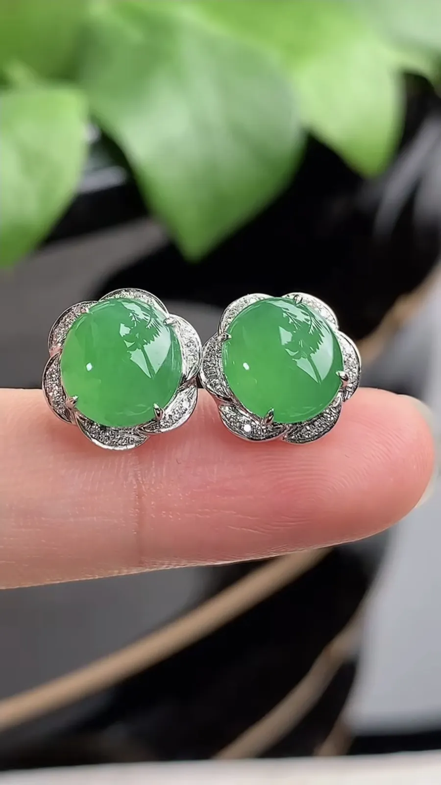 a货翡翠冰种18K金伴钻镶嵌满绿蛋面耳钉 尺寸8.4×7.7mm 重量3.13g 1212