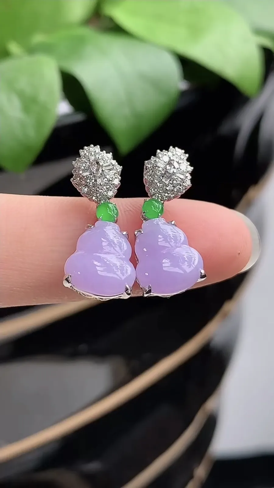 a货翡翠冰种18K金伴钻镶嵌紫罗兰葫芦耳坠 尺寸10×9×5.6mm 重量3.66g 1210