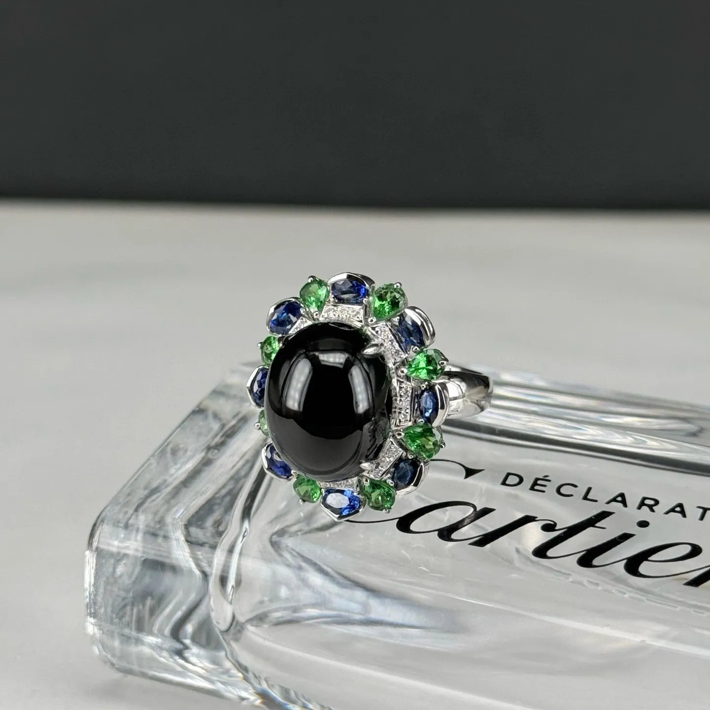 精品豪镶墨翠蛋面大女戒 种好色正 黑度极好 打灯通透 油性十足