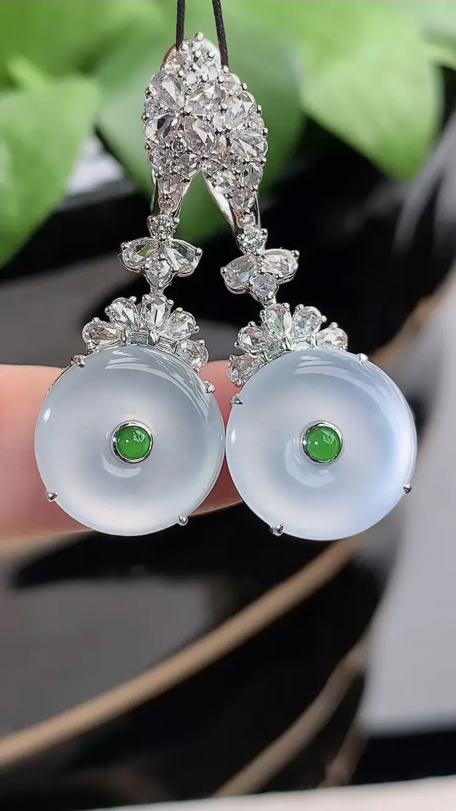 a货翡翠高冰种18K金伴钻镶嵌白月光平安扣耳坠 尺寸13.2×7mm 重量9.55g 1211