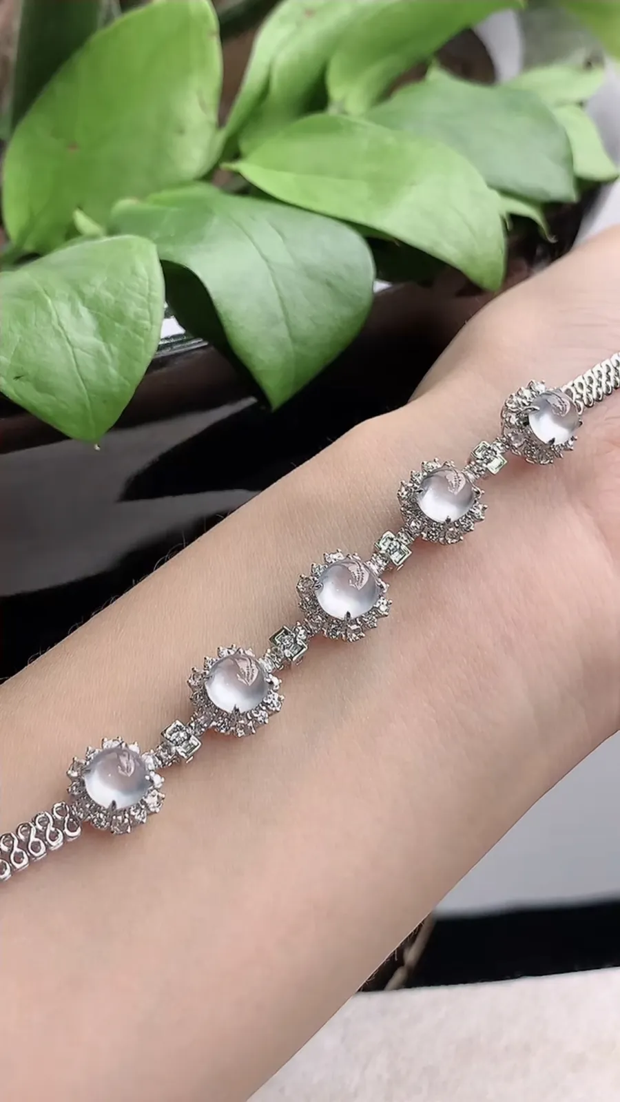 a货翡翠高冰种18K金伴钻镶嵌白月光蛋面手链 尺寸7×6.3×8mm 重量9.60g 1210