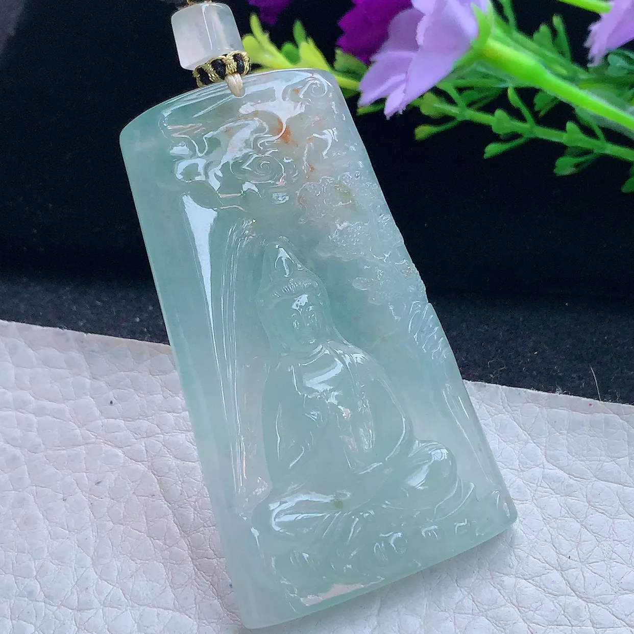 yl实拍62.8*36.8*5.8翡翠a货精雕冰种洒金花山水观音 净瓶观音玉吊坠 玉挂件