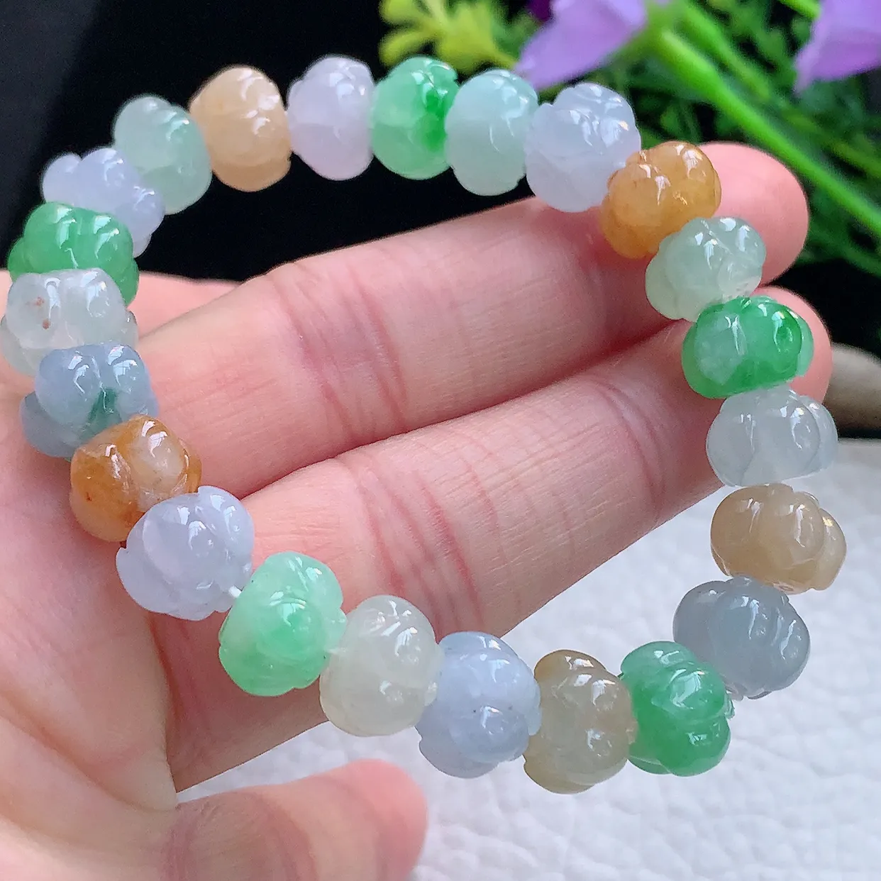 lz自然光10.2*7.8缅甸翡翠精雕冰三彩冰清玉洁 杮杮如意玉手链