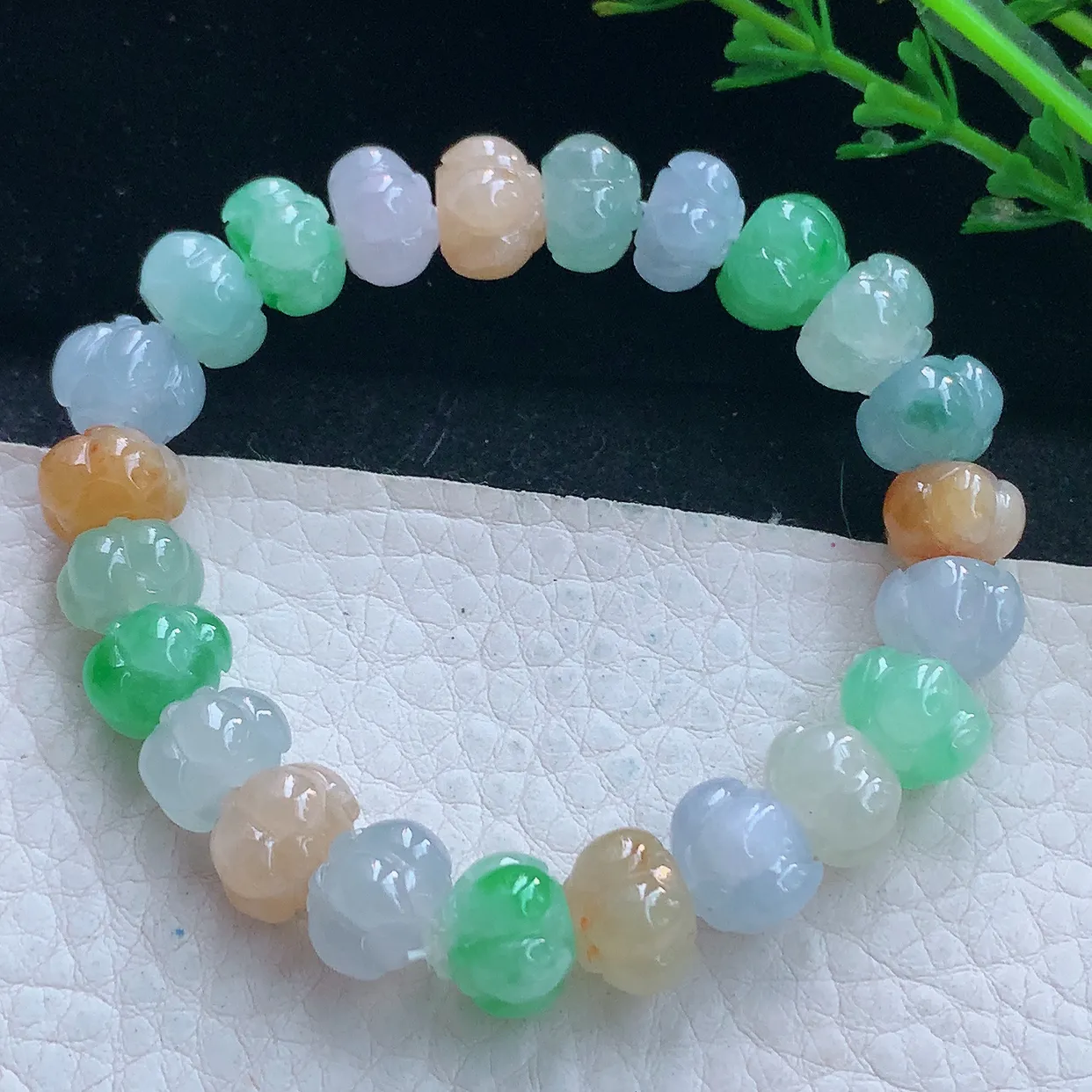 lz自然光10.2*7.8缅甸翡翠精雕冰三彩冰清玉洁 杮杮如意玉手链