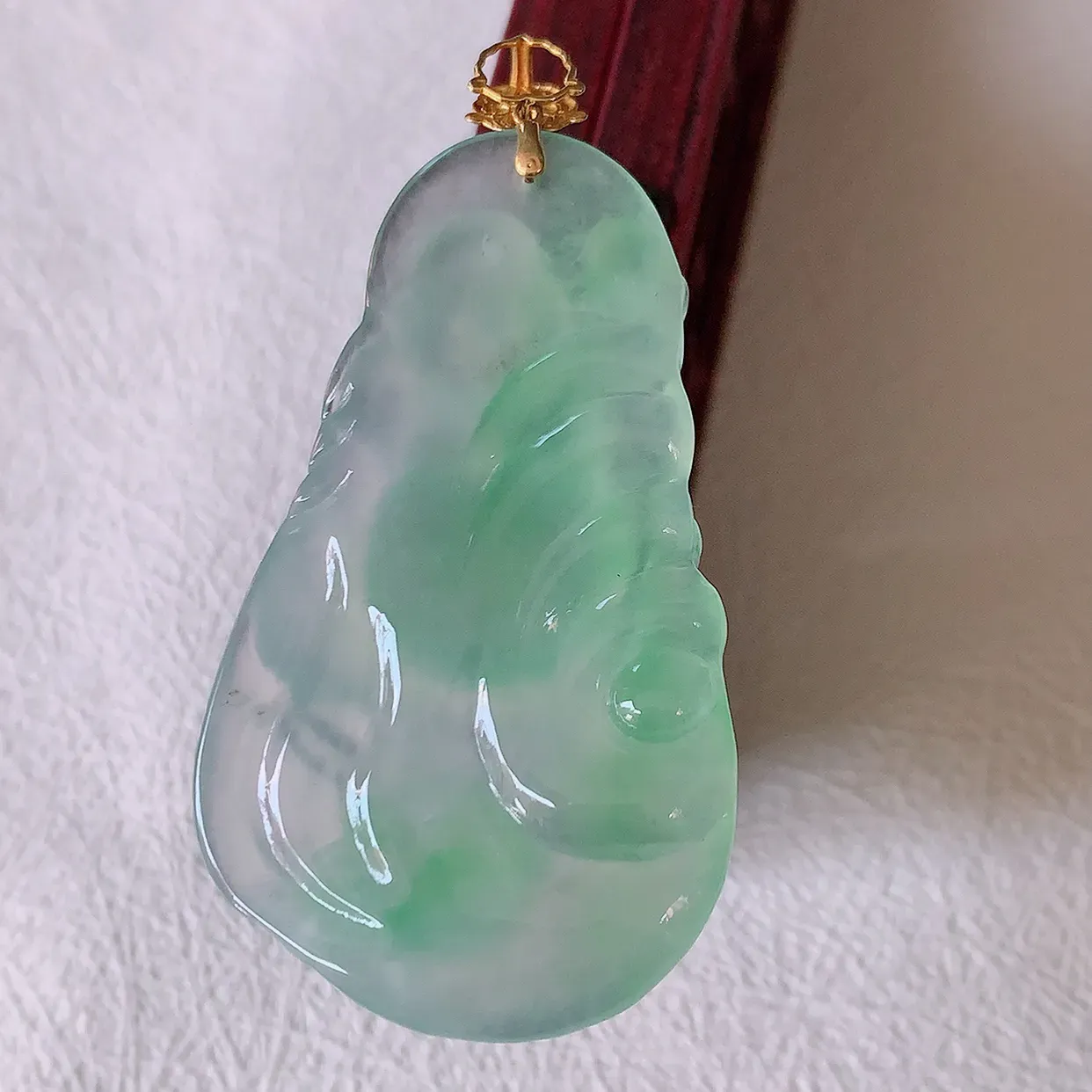 18K金镶嵌冰种满绿翡翠逍遥布袋佛吊坠，代代有钱，水足丰盈，盈满欢喜，配戴送礼佳品！#1.16整体51.5裸石45.8*27*6.5