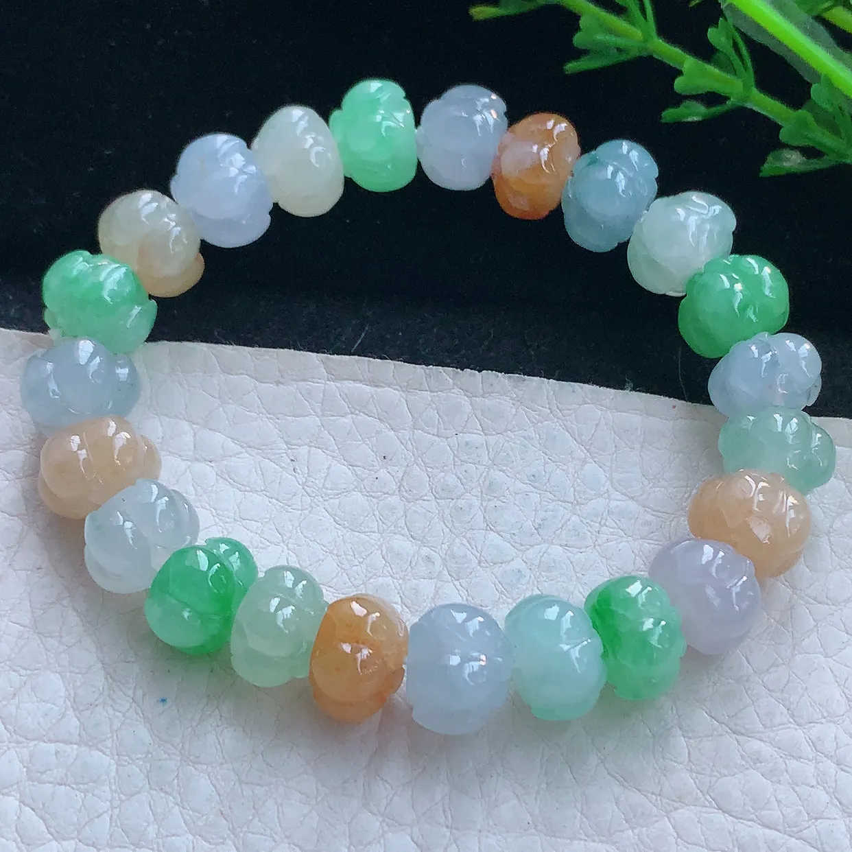 lz自然光10.2*7.8缅甸翡翠精雕冰三彩冰清玉洁 杮杮如意玉手链