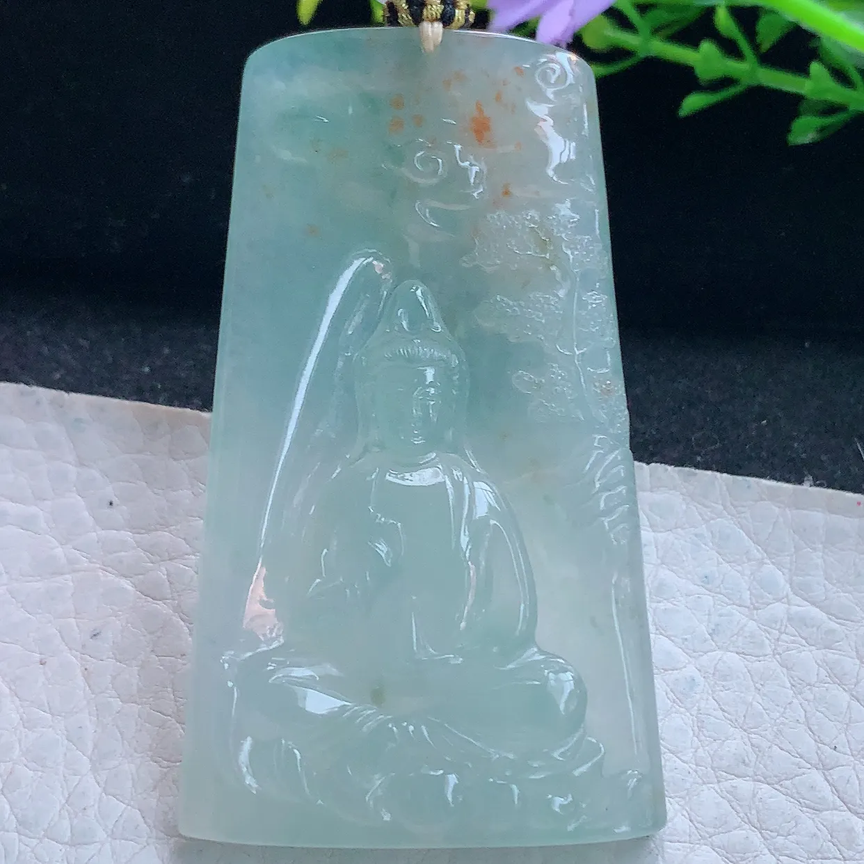 yl实拍62.8*36.8*5.8翡翠a货精雕冰种洒金花山水观音 净瓶观音玉吊坠 玉挂件